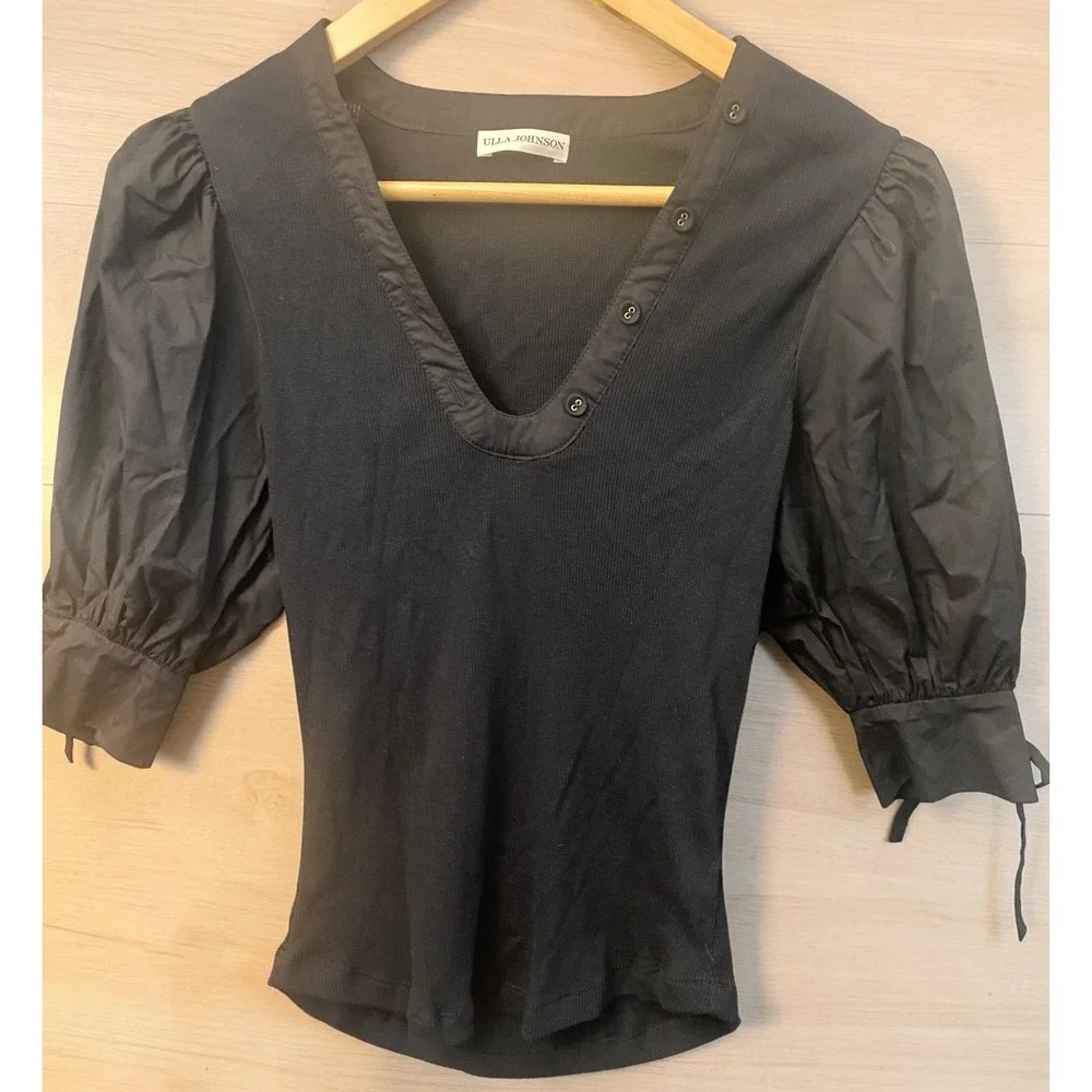 Ulla Johnson Pia Black Puff Sleeve Ribbed Knit Women's Small Blouse
